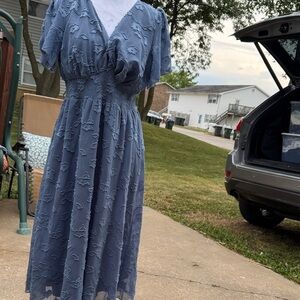Baltic Born Dusty Blue Midi Dress with Embroidered Details